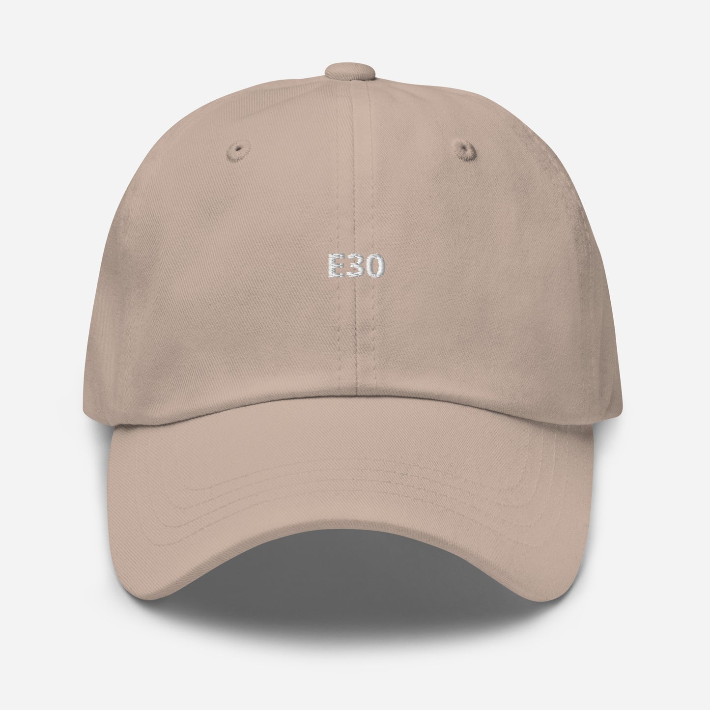 a beige hat with the BMW Chassis E30 embroidered on it